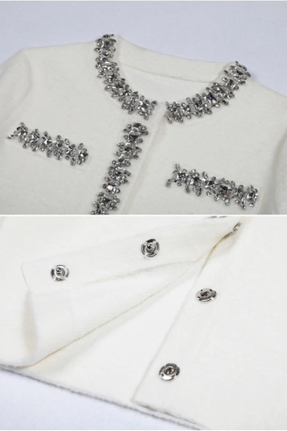 Crystal-Embellished Soft Wool Set – Cropped Jacket and Ruffled Mini Skirt