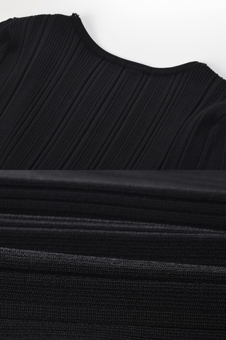 Ribbed Elastic Slim Fit U-Neck Long Sleeve Top with Rhinestone Trim