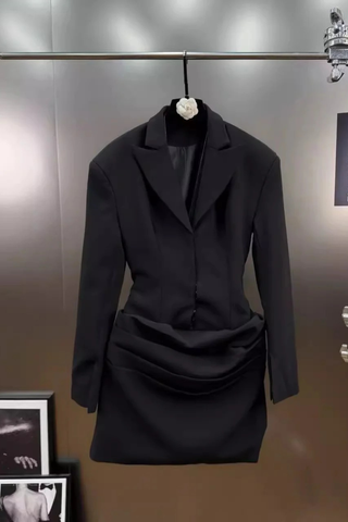 Draped Blazer Mini Dress – Tailored Long Sleeve Tuxedo Style