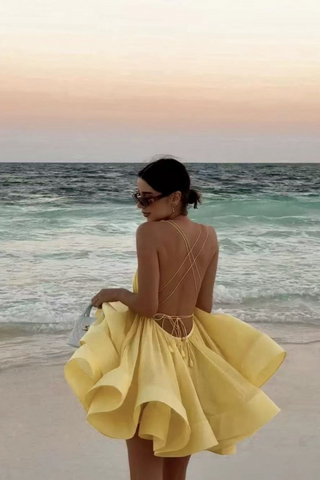 Backless Crisscross V-Neck Flared Mini Dress