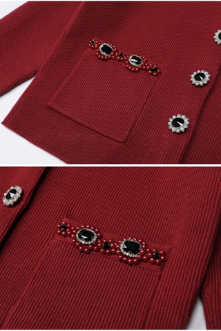 Embellished Pearl and Rhinestone Knit Cardigan with Matching Flared Midi Skirt Set