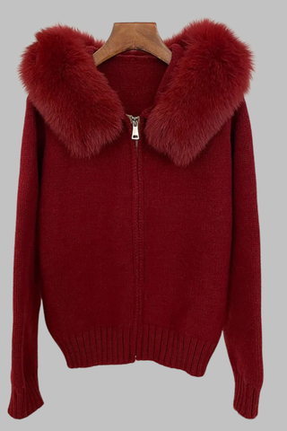 Faux Fur Trimmed Knitted Hooded Cardigan