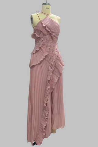 Halter Neck Pleated Ruffle Long Dress
