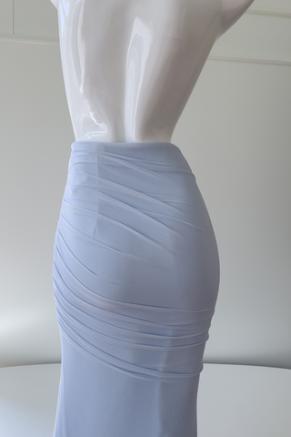 Light Blue Mesh Ruched  Set – Strapless Bustier Top & Fishtail Maxi Skirt with Sheer Scarf