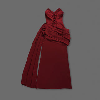 Elegant Strapless Corset Long Dress with Draped Cowl Neckline and Lace-Up Back