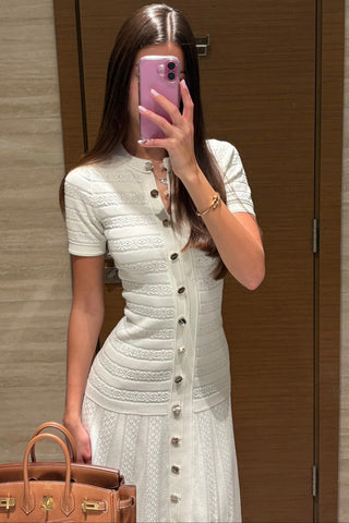 Textured Knit Button-Front Long Dress with Short Sleeves