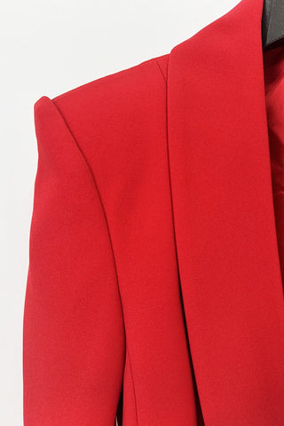 Long-Sleeve Crepe Peplum Blazer and Wide-Leg Pants Set with Beaded Brooch Detail
