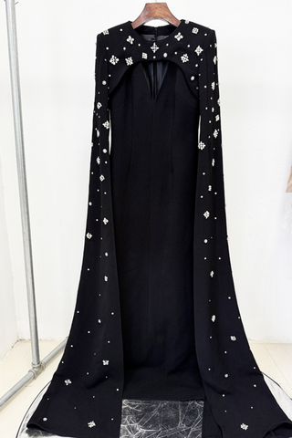 Embellished Cape Diamond Long Dress