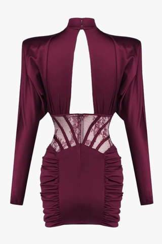 High-Neck Long Sleeve Corset Dress with Lace Panel & Ruched Skirt