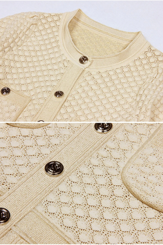 Shimmer Knit Mid-Long Dress with Three-Quarter Sleeves and Front Buttons