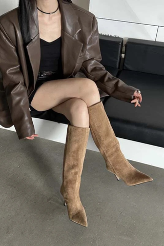 Pointed-Toe Suede Knee-High Stiletto Boots | Slim Fit, High Heel Winter Fashion Boots