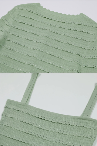 Three-Piece Knitted Set with Rhinestone Trim – Cardigan, Cami Top & Midi Long Skirt