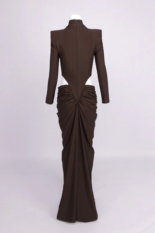 Long Sleeve High-Neck Stretch Long Dress – Side Cut-Out Ruched Design