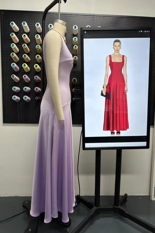 Square Neck Fitted Bodice Long Dress with Flared Satin Skirt