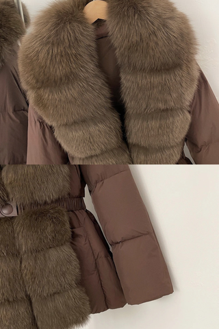 Belted Puffer Jacket with Faux Fox Fur Collar and Front Panel