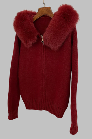 Faux Fur Trimmed Knitted Hooded Cardigan