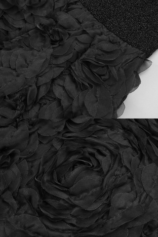 Glamorous Black Mermaid Long Dress Sleeveless Scoop Neck, Glitter Knit Bodice with 3D Rosette Feathered Skirt