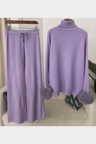 Faux Fur Trim Turtleneck Knit Set – Long Sleeve Top & Wide-Leg Pants