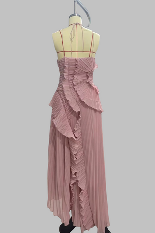 Halter Neck Pleated Ruffle Long Dress