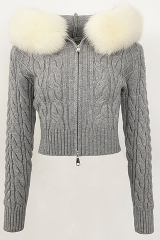 Soft Cable Knit Jacket with Statement Fur Collar