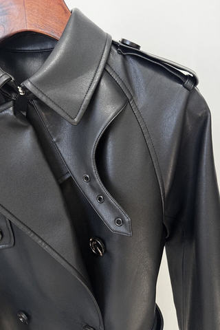 Long Sleeve Double-Breasted Faux Leather Trench Coat with Belt