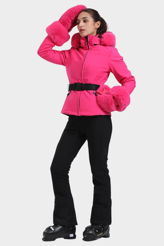 Tailored Ski Jacket with Belted Waist, Fur Details, and Long-Sleeve Design