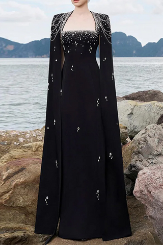 Midnight Majesty Beaded Cape Long Dress
