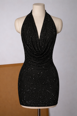 Rhinestone Halter Neck Draped Mini Dress