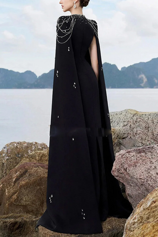 Midnight Majesty Beaded Cape Long Dress