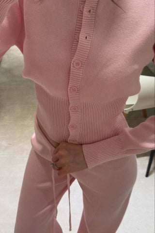Ribbed Knit Two-Piece Lounge Set – Button Cardigan & Wide-Leg Pants