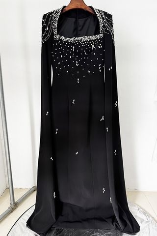 Midnight Majesty Beaded Cape Long Dress
