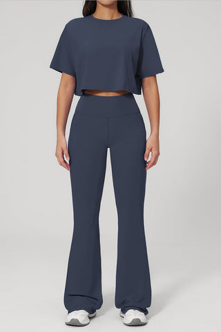 Short Sleeve Crop Top & High Waist Flared Pants Set – Snatched Fit, Made to Move