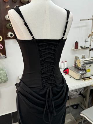 Structured Corset Back Long Dress with Draped Silhouette