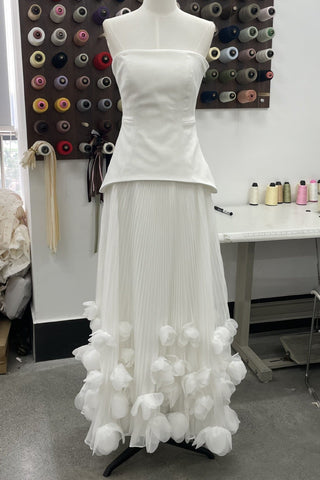 Strapless Lace-Up Corset Long Dress with Pleated Skirt and 3D Floral Trim