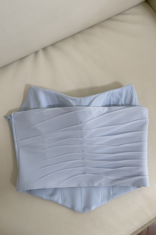 Light Blue Mesh Ruched  Set – Strapless Bustier Top & Fishtail Maxi Skirt with Sheer Scarf