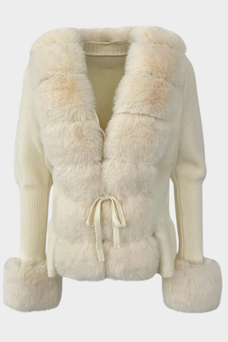 Long Sleeve Knitted Jacket with Faux Fur Trim – Tie-Front Design