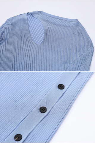 Long Sleeve Ribbed Knit Midi Dress with Asymmetrical Cutout and Button Slit