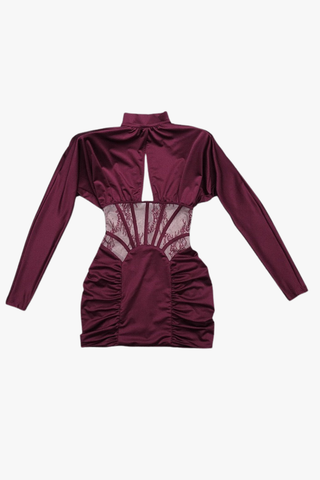 High-Neck Long Sleeve Corset Dress with Lace Panel & Ruched Skirt