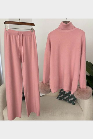 Faux Fur Trim Turtleneck Knit Set – Long Sleeve Top & Wide-Leg Pants