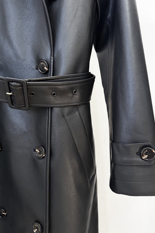 Long Sleeve Double-Breasted Faux Leather Trench Coat with Belt