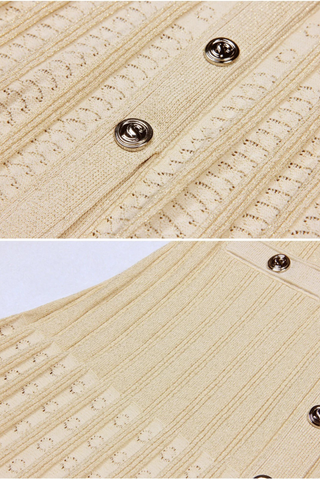 Shimmer Knit Mid-Long Dress with Three-Quarter Sleeves and Front Buttons