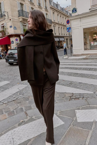 Cozy Wool-Blend Scarf Collar Coat – Long Sleeve, Minimalist Design