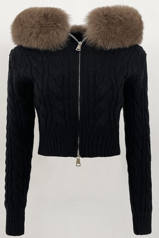 Soft Cable Knit Jacket with Statement Fur Collar