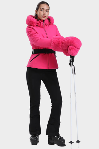 Tailored Ski Jacket with Belted Waist, Fur Details, and Long-Sleeve Design