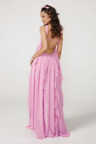 Strapless Ruffle Chiffon Long Dress with Rhinestone Starfish Brooch Backless, Layered Flowing Skirt