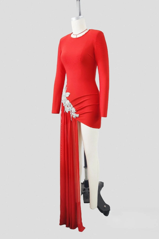 Embellished Long Sleeve Bandage Dress with Asymmetric Sheer Drape