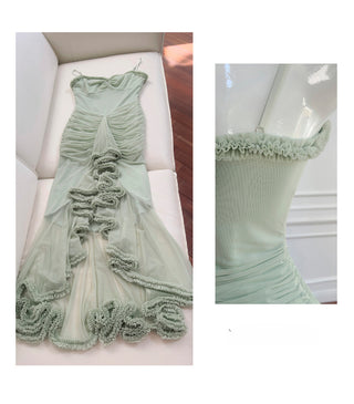 Elegant Sleeveless Long Mesh Dress with Ruffled Details