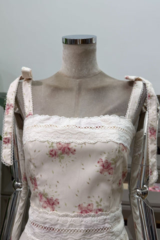 Floral Print Long Dress – Lace Trim, Tie Straps, Defined Waist & Corset Back