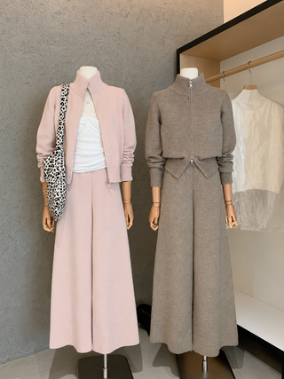 Zip-Up Knit Cardigan and Long A-Line Skirt Set