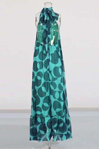 Sleeveless Halter Neck Open-Back Printed Chiffon Long Dress with Ruffle Hem